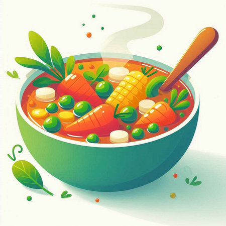 Vegetable soup in a bowl with a spoon. Vector illustration.のイラスト素材