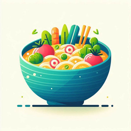 Bowl of noodles with vegetables and chopsticks. Vector illustration.のイラスト素材