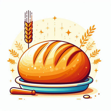 Bread on a plate with wheat ears. Vector illustration in cartoon style.のイラスト素材