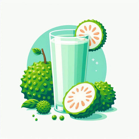 Vector illustration of a glass of fresh juice with a slice of durian.のイラスト素材