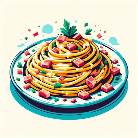 Illustration of spaghetti with tomato sauce and parsley on a plateのイラスト素材