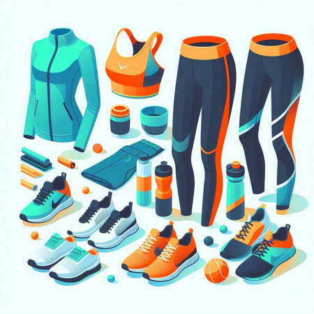 Vector illustration of a set of sportswear. Sneakers, shorts, sneakers, bottle of water, tennis ball, basketball.のイラスト素材