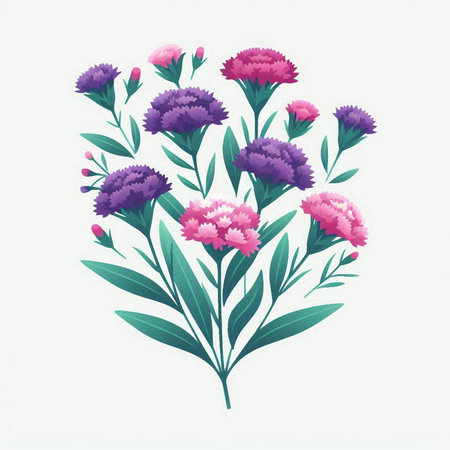 Bouquet of pink and purple flowers with leaves. Vector illustration.のイラスト素材