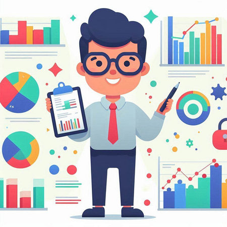 Businessman holding a clipboard and pointing at the graph. Vector illustration.のイラスト素材