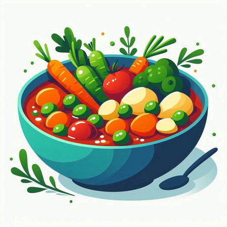 Vegetable soup in a bowl. Vector illustration of a cartoon style.のイラスト素材