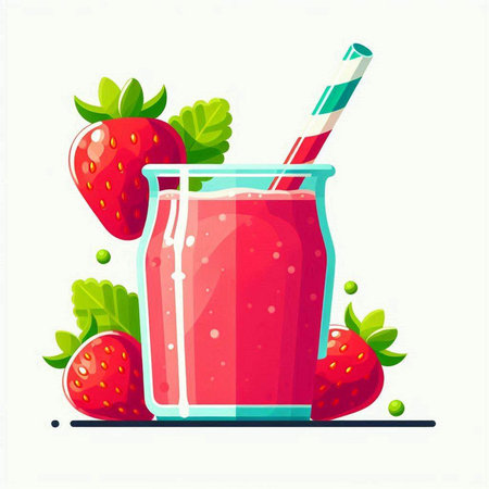 Strawberry smoothie in a glass with straws. Vector illustration.のイラスト素材