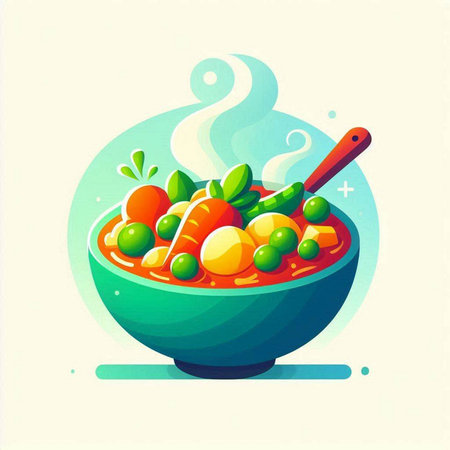 Vegetable soup in a bowl. Vector illustration of a cartoon style.のイラスト素材