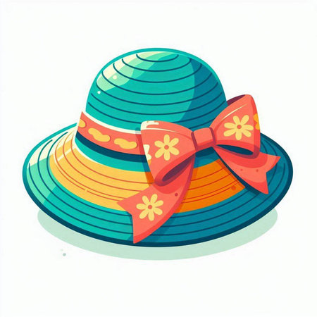 Illustration of a colorful summer hat with a bow on a white backgroundのイラスト素材