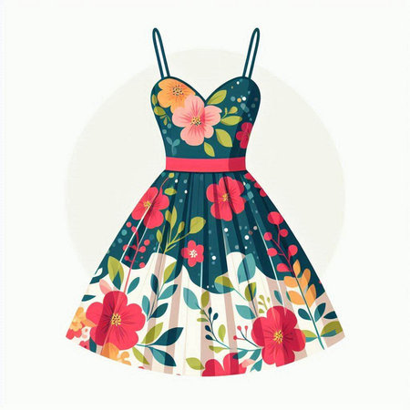 Fashionable summer dress with floral pattern. Vector Illustration.のイラスト素材