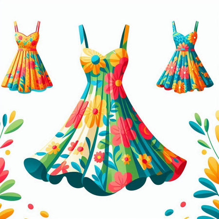 Set of colorful summer dresses isolated on white background. Vector illustration.のイラスト素材