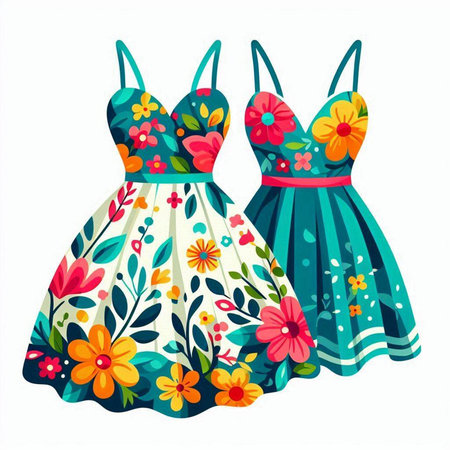 Women's dresses with floral pattern on white background. Vector illustration.のイラスト素材