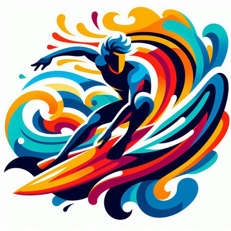 Surfer girl with surfboard on abstract background. Vector illustration.のイラスト素材