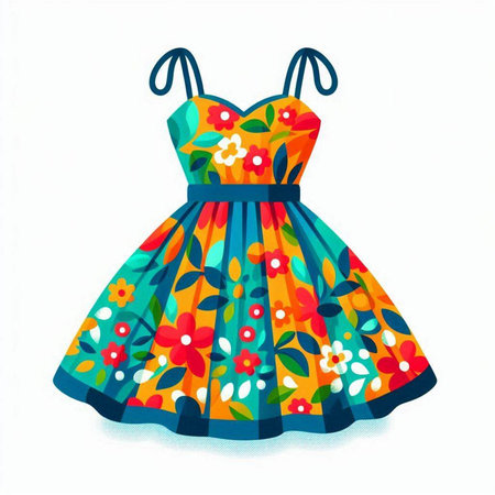 Colorful dress with floral pattern isolated on white background. Vector illustration.のイラスト素材