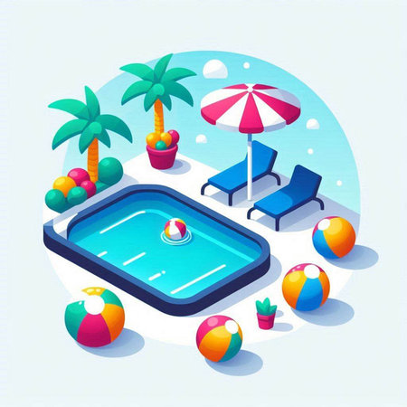 Swimming pool isometric vector illustration. Swimming pool with umbrella, beach chair and ball.のイラスト素材