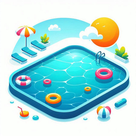 Swimming pool with inflatable rings and umbrellas. Vector illustrationのイラスト素材