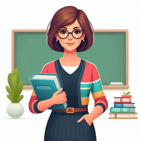 Teacher with books in front of blackboard. Vector illustration.のイラスト素材