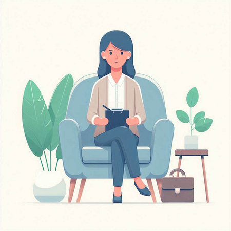 Woman sitting in armchair and reading book. Flat style vector illustration.のイラスト素材