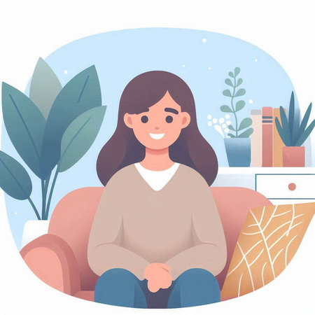 Vector illustration of a young woman sitting on a sofa at home.のイラスト素材