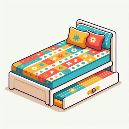 Illustration of a double bed with colorful pillows. Vector illustration.のイラスト素材