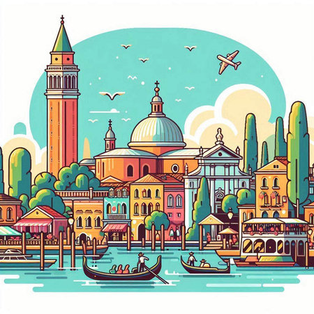 Venice, Italy. Vector illustration of Venice cityscape with gondolas and ancient buildings.のイラスト素材