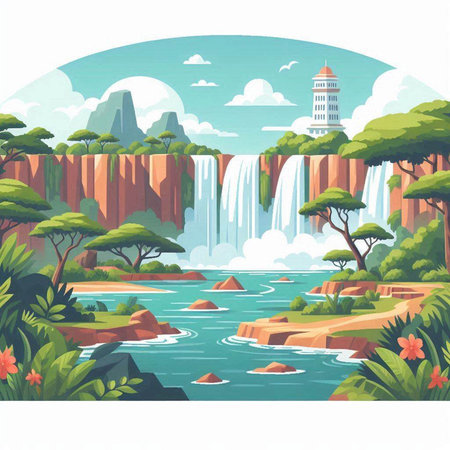 Waterfall and island in the jungle. Vector illustration of a cartoon style.のイラスト素材