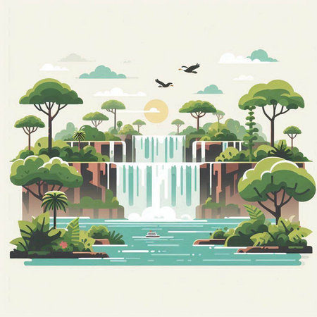 Waterfall in flat style. Landscape with waterfalls. Vector illustration.のイラスト素材