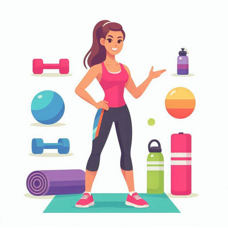 Young woman in sportswear doing exercises with dumbbells and yoga mat. Healthy lifestyle concept. Vector illustration in cartoon styleのイラスト素材