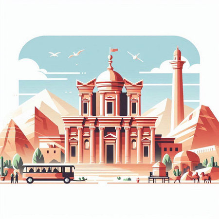 Egyptian temple in the mountains. Vector illustration. Vintage style.のイラスト素材