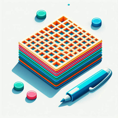 3d isometric illustration of a multi-colored waffle and a penのイラスト素材