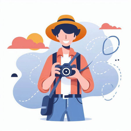 Tourist man with camera. Travel and tourism concept. Vector illustration in flat styleのイラスト素材