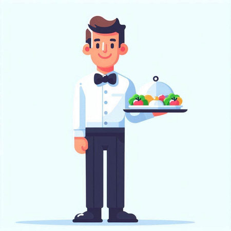 Waiter with tray of food. Vector illustration in cartoon style.のイラスト素材