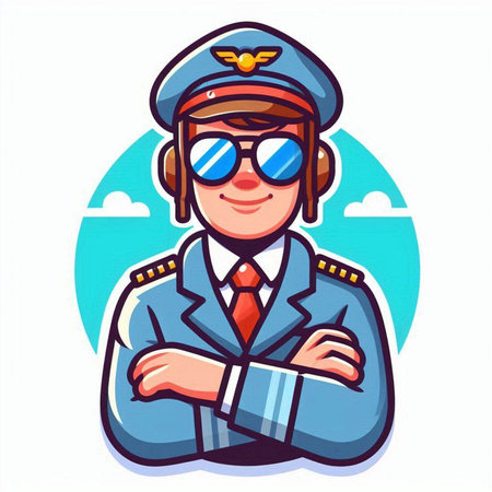 Pilot in uniform and aviator glasses, vector cartoon illustration.のイラスト素材