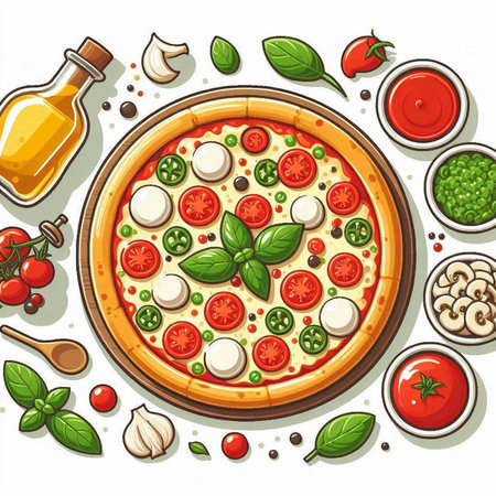 Pizza with tomato, mozzarella and basil. Vector illustrationのイラスト素材