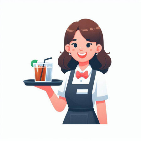 Waitress holding a tray with a drink and a cocktail. Vector illustrationのイラスト素材