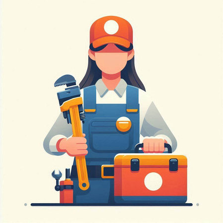 Female plumber with wrench and tools. Vector illustration in flat styleのイラスト素材