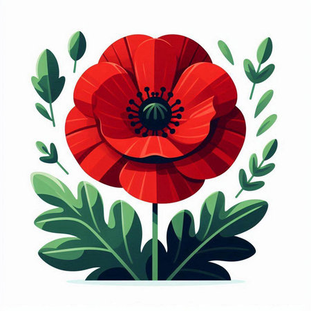 Red poppies with green leaves on white background. Vector illustration.のイラスト素材