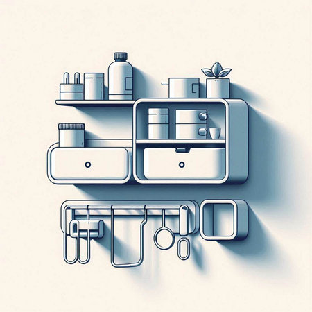 Illustration of a modern kitchen shelf with a set of household itemsのイラスト素材