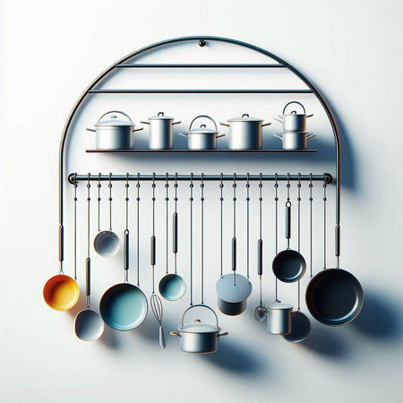 3d rendering of a set of kitchen utensils hanging on a wallのイラスト素材