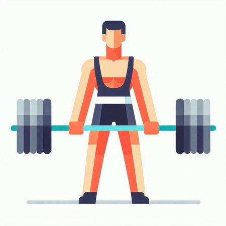 Fitness man with barbell. Vector illustration in flat style.のイラスト素材
