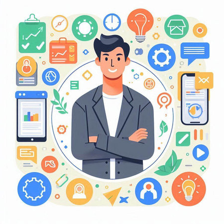 Businessman in flat style with icons for web design. Vector illustration.のイラスト素材