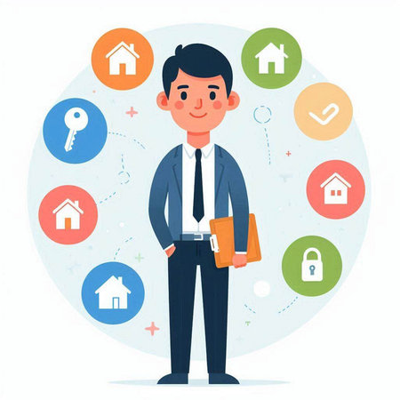 Real estate agent. Businessman with house icons. Vector illustration.のイラスト素材