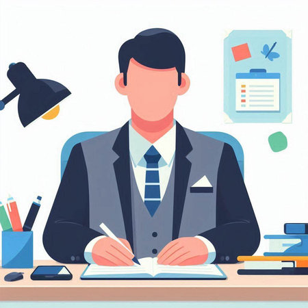 Businessman sitting at desk in office and writing in notebook. Vector illustration.のイラスト素材