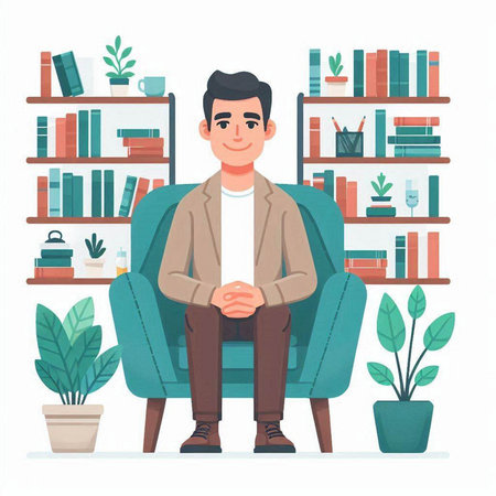 Young man sitting in armchair at home. Vector illustration in flat styleのイラスト素材