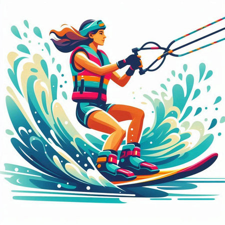 Water skiing girl. Vector illustration of a young woman riding a water ski.のイラスト素材