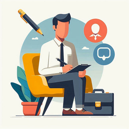 Businessman sitting on chair and writing in notebook. Flat vector illustration.のイラスト素材