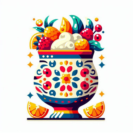 Vector illustration of bowl with ice cream decorated with flowers and fruits.のイラスト素材