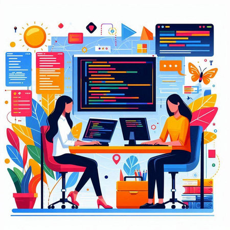 Programmers working on web development, coding, programming and programming. Teamwork process. Vector illustration in flat styleのイラスト素材