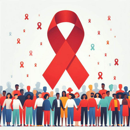 World Aids Day concept. Crowd of people and red ribbon. Vector illustrationのイラスト素材