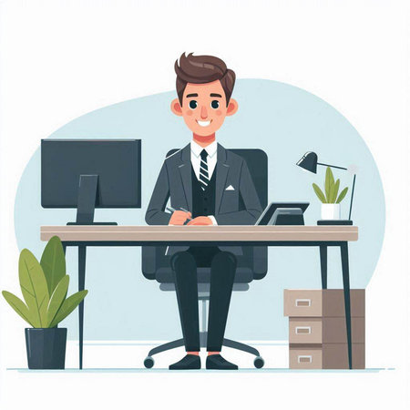 Businessman sitting at desk in office. Vector illustration in cartoon styleのイラスト素材