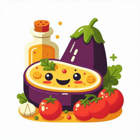 Vegetable kawaii cartoon character vector illustration. Cute eggplant, tomato, parsley and olive oilのイラスト素材
